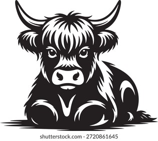 La vaca Highlander descansa en el suelo con una expresión tranquila frente al espectador en una ilustración detallada en blanco y negro que muestra sus características distintivas y su pelaje texturizado.