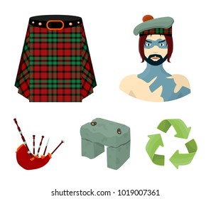 Highlander, Scottish Viking, tartan, kilt, scottish skirt, scone stone, national musical instrument of bagpipes. Scotland set collection icons in cartoon style vector symbol stock illustration web.