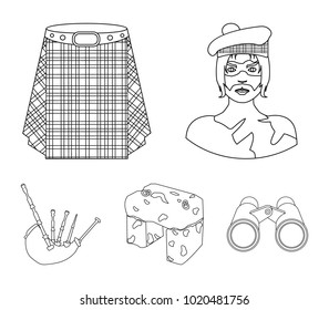 Highlander, Scottish Viking, tartan, kilt, scottish skirt, scone stone, national musical instrument of bagpipes. Scotland set collection icons in outline style vector symbol stock illustration web.