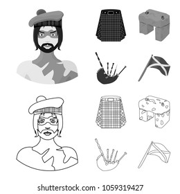 Highlander, Scottish Viking, tartan, kilt, scottish skirt, scone stone, national musical instrument of bagpipes. Scotland set collection icons in outline,monochrome style vector symbol stock