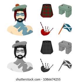 Highlander, Scottish Viking, tartan, kilt, scottish skirt, scone stone, national musical instrument of bagpipes. Scotland set collection icons in cartoon,monochrome style vector symbol stock