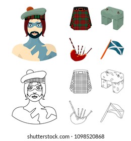 Highlander, Scottish Viking, tartan, kilt, scottish skirt, scone stone, national musical instrument of bagpipes. Scotland set collection icons in cartoon,outline style vector symbol stock illustration