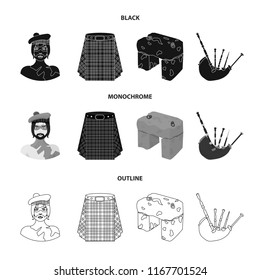 Highlander, Scottish Viking, tartan, kilt, scottish skirt, scone stone, national musical instrument of bagpipes. Scotland set collection icons in black,monochrome,outline style vector symbol stock