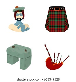 Highlander, Scottish Viking, tartan, kilt, scottish skirt, scone stone, national musical instrument of bagpipes. Scotland set collection icons in cartoon style vector symbol stock illustration web.