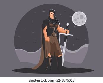 Highlander with sword. Scottish warrior standing against the background of the moon. Vector graphics