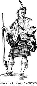 A highlander wearing a plaid kilt, a kind of knee-length non-bifurcated skirt, that is usually worn for formal events and celebrations, vintage line drawing or engraving illustration.