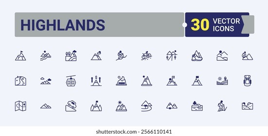 Highlands minimal icon set. Icons shape, landscape, tour, mountain, peak, silhouette, travel and more. Thin linear style icons. Editable vector icon and illustration.