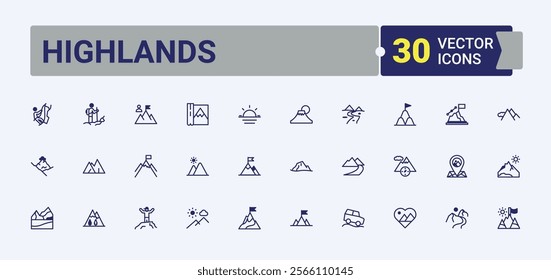 Highlands minimal icon set. Icons shape, landscape, tour, mountain, peak, silhouette, travel and more. Thin linear style icons. Editable vector icon and illustration.