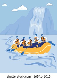 Highlands with River and Waterfall Landscape in Vertical format. Rafting Athletes, Sportsmen Rafting down Mountain River. Teamwork, Overcoming and Extreme Tourism. Flat Cartoon Vector Illustration.