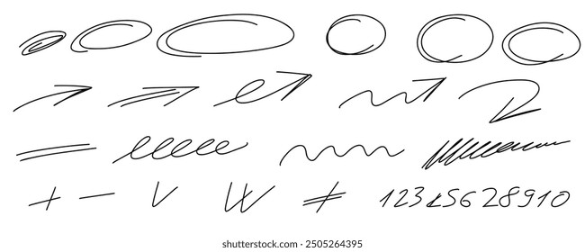 Highligh oval frame set. Marker hand drawn lines, arrows, check mark, circle, isolated on white background. Marker pen highlight underline strokes. Vector graphic doodle element.