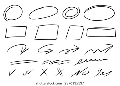 Highligh ovals lines, arrows, check, circle, yes, no, isolated on white background. Marker pen highlight underline strokes. Vector hand drawn graphic doodle element.