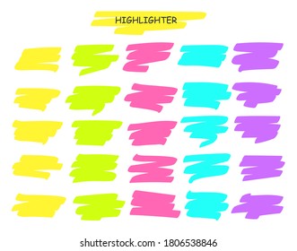 Highlight brush lines. Hand drawn yellow highlighter pen stroke line for word underline.