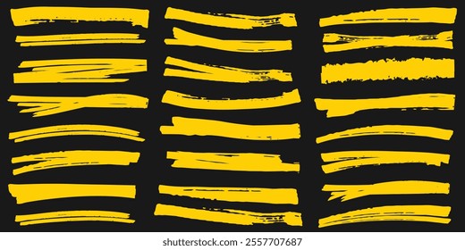 Highlight brush lines. Marker color stroke, brush pen hand drawn underline. Yellow watercolor hand drawn highlight set. Brush pen underline. Vector illustrator.