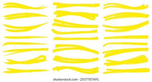 Highlight brush lines. Marker color stroke, brush pen hand drawn underline. Yellow watercolor hand drawn highlight set. Brush pen underline. Vector illustrator.