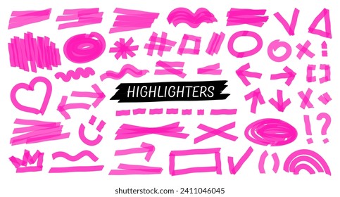 Highlight brush lines, shapes, elements. Big set of hand draw isolated vector objects on white background. Neon pink doodle strokes. Acid highlighters marker stripes, underlines for any use.