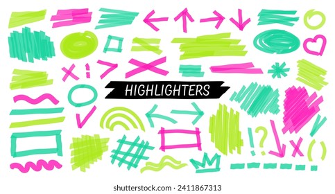 Highlight brush lines, shapes, elements. Big set of hand drawn isolated vector objects on white background. Neon pink doodle strokes. Acid highlighters marker stripes, underlines for any use.