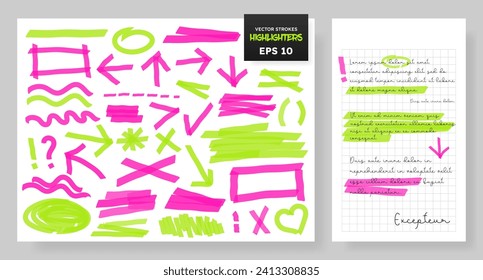 Highlight brush lines, shapes, elements. Big set of hand drawn isolated vector objects on white background. Neon pink doodle strokes. Acid highlighters marker stripes, underlines for any use.