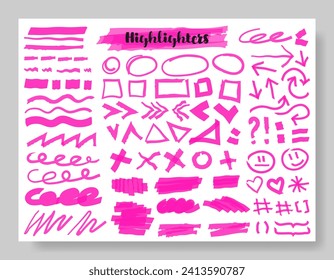 Highlight brush lines, shapes, elements. Big set of hand draw isolated vector objects on white background. Neon pink doodle strokes. Acid highlighters marker stripes, underlines for any use.