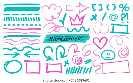 Highlight brush lines, shapes, elements. Big set of hand drawn isolated vector objects on white background. Multicolored doodle strokes. Acid highlighters marker stripes, underlines for any use.