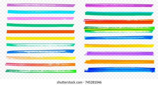 Highlight brush stroke set. Vector color marker pen lines. Yellow, red, orange, green, blue and purple underline hand drawn highlight strokes on transparent background.
