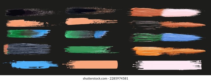 Highlight brush strokes is isolated on a black background. Brush stain or permanent marker pen stroke set. Select the brush lines. Marker color stroke, brush pen hand drawn underline. Vector