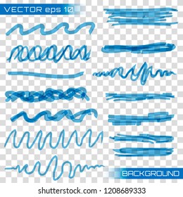 Highlight brush underline hand drawn strokes set. Creative vector illustration of stain strokes, hand drawn yellow highlight japan marker lines, brushes stripes isolated on transparent background.