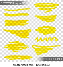 Highlight brush underline hand drawn strokes set. Creative vector illustration of stain strokes, hand drawn yellow highlight japan marker lines, brushes stripes isolated on transparent background.