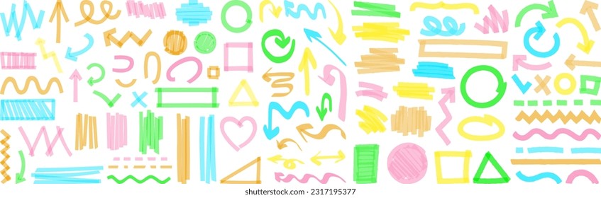 Highlight brush underline hand drawn strokes set. Hand-drawn marker highlighters, underline, lines, round, arrows, punctuation marks, tick marks and sketch. Vector illustration