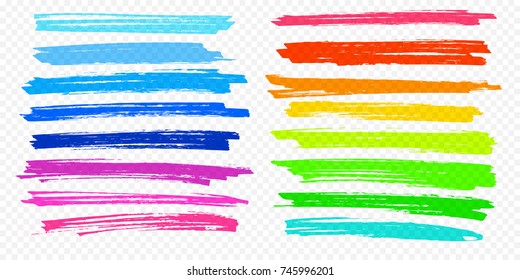 Highlight brush underline hand drawn strokes set. Vector marker or color pen lines in yellow, red, orange, green, blue highlighter strokes on transparent background.