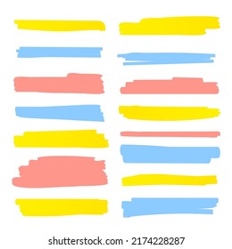 Highlight brush underline yellow red blue marker vector pen. Stroke highligher color set