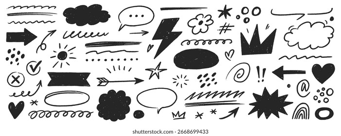 Highlight bubble speech set. Hand drawn crayon speech bubble, chalk highlight, marker arrow element for comic text and notes. Doodle sketch decoration heart, cloud frame. Vector illustration