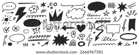 Highlight bubble speech set. Hand drawn crayon speech bubble, chalk highlight, marker arrow element for comic text and notes. Doodle sketch decoration heart, cloud frame. Vector illustration
