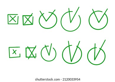 Highlight check mark, cross and box. Hand drawn scribble doodle check mark. Round and square answer box. Stock vector illustration isolated on white background.