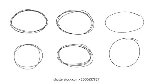 Kreis-Rahmenkader markieren, Kreis-Doodle-Kritzelrunden für Nachricht notieren. Rahmen, Markierungsfeld oder Textfeld einzeln auf weißem Hintergrund. Handgezeichneter dekorativer Strich, Vintage-Skizzensymbol