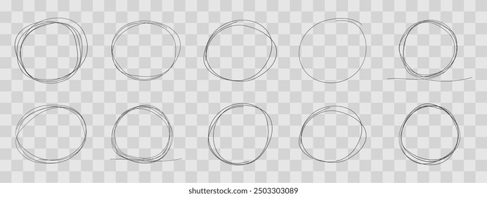 Kreis-Rahmenkader markieren, Kreis-Doodle-Kritzelrunden für Nachricht notieren. Rahmen, Markierungsfeld oder Textfeld einzeln auf weißem Hintergrund. Handgezeichneter dekorativer Strich, Vintage-Skizzensymbol