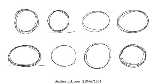 Kreis-Rahmenkader markieren, Kreis-Doodle-Kritzelrunden für Nachricht notieren. Rahmen, Markierungsfeld oder Textfeld einzeln auf weißem Hintergrund. Handgezeichneter dekorativer Strich, Vintage-Skizzensymbol