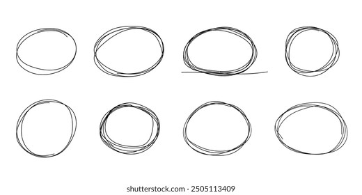 Kreis-Rahmenkader markieren, Kreis-Doodle-Kritzelrunden für Nachricht notieren. Rahmen, Markierungsfeld oder Textfeld einzeln auf weißem Hintergrund. Handgezeichneter dekorativer Strich, Vintage-Skizzensymbol