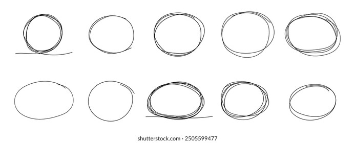 Kreis-Rahmenkader markieren, Kreis-Doodle-Kritzelrunden für Nachricht notieren. Rahmen, Markierungsfeld oder Textfeld einzeln auf weißem Hintergrund. Handgezeichneter dekorativer Strich, Vintage-Skizzensymbol