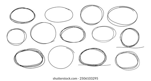 Kreis-Rahmenkader markieren, Kreis-Doodle-Kritzelrunden für Nachricht notieren. Rahmen, Markierungsfeld oder Textfeld einzeln auf weißem Hintergrund. Handgezeichneter dekorativer Strich, Vintage-Skizzensymbol