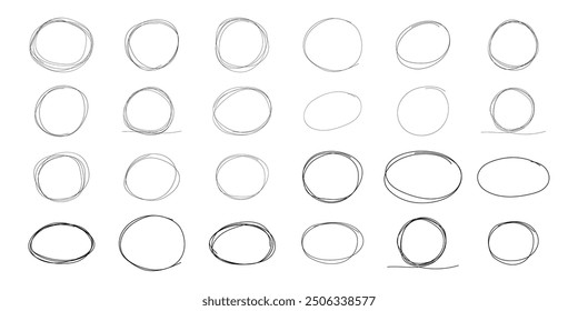 Kreis-Rahmenkader markieren, Kreis-Doodle-Kritzelrunden für Nachricht notieren. Rahmen, Markierungsfeld oder Textfeld einzeln auf weißem Hintergrund. Handgezeichneter dekorativer Strich, Vintage-Skizzensymbol