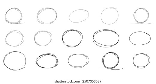Kreis-Rahmenkader markieren, Kreis-Doodle-Kritzelrunden für Nachricht notieren. Rahmen, Markierungsfeld oder Textfeld einzeln auf weißem Hintergrund. Handgezeichneter dekorativer Strich, Vintage-Skizzensymbol
