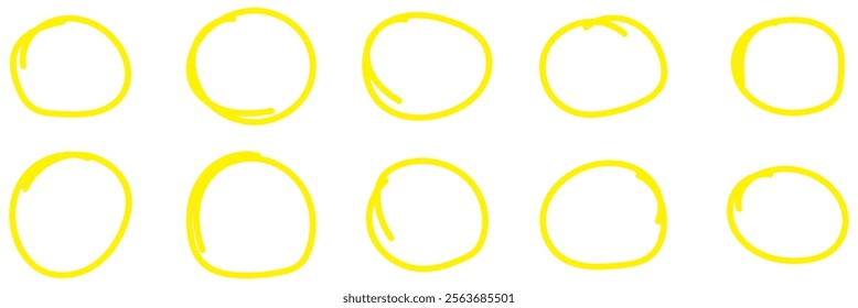 Highlight circle frames. Ellipses in doodle style. Yellow round rough thin frames. Vector elements for hand drawn diagrams , design eps 10