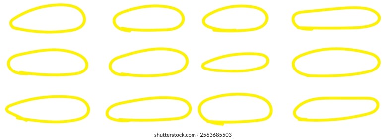 Highlight circle frames. Ellipses in doodle style. Yellow round rough thin frames. Vector elements for hand drawn diagrams , design eps 10