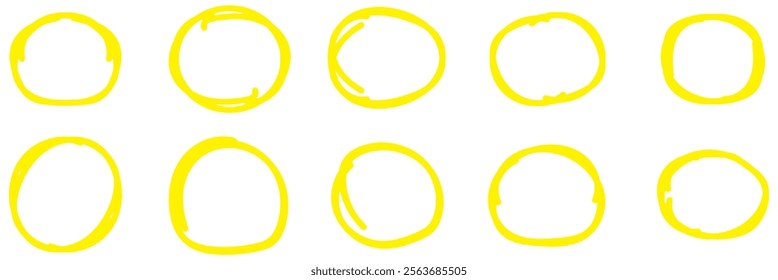 Highlight circle frames. Ellipses in doodle style. Yellow round rough thin frames. Vector elements for hand drawn diagrams , design eps 10