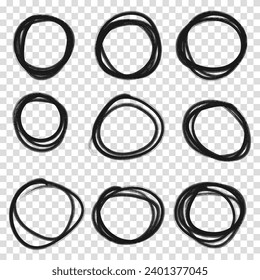 Highlight circle frames. For message note mark design element. Set hand drawn pencil or marker round circles line sketch set. Circular scribble doodle oval. Vector illustration. Transparent background