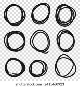 Highlight circle frames. For message note mark design element. Set hand drawn pencil or marker round circles line sketch set. Circular scribble doodle oval. Vector illustration. Transparent background