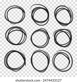 Highlight circle frames. For message note mark design element. Set hand drawn pencil or marker round circles line sketch set. Circular scribble doodle oval. Vector illustration. Transparent background