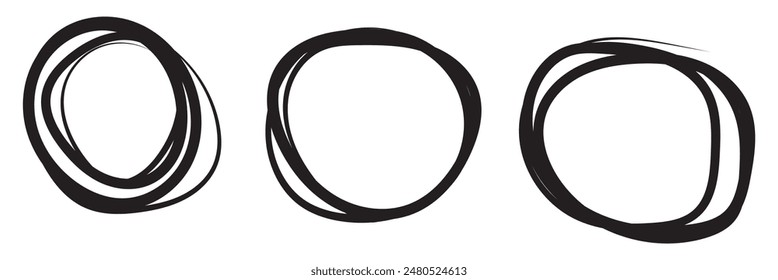 Highlight circle frames. For message note mark design element. Set hand drawn pencil or marker round circles line sketch set. Circular scribble doodle oval. Vector illustration. Transparent background