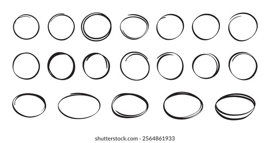 Highlight circle isolated hand drawn set . Doodle marker Collection of different black circles. Vector illustration