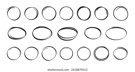 Markieren Sie den Kreis einzeln handgezeichnetes Set. Doodle Marker Kollektion von verschiedenen schwarzen Kreisen. Vektorgrafik